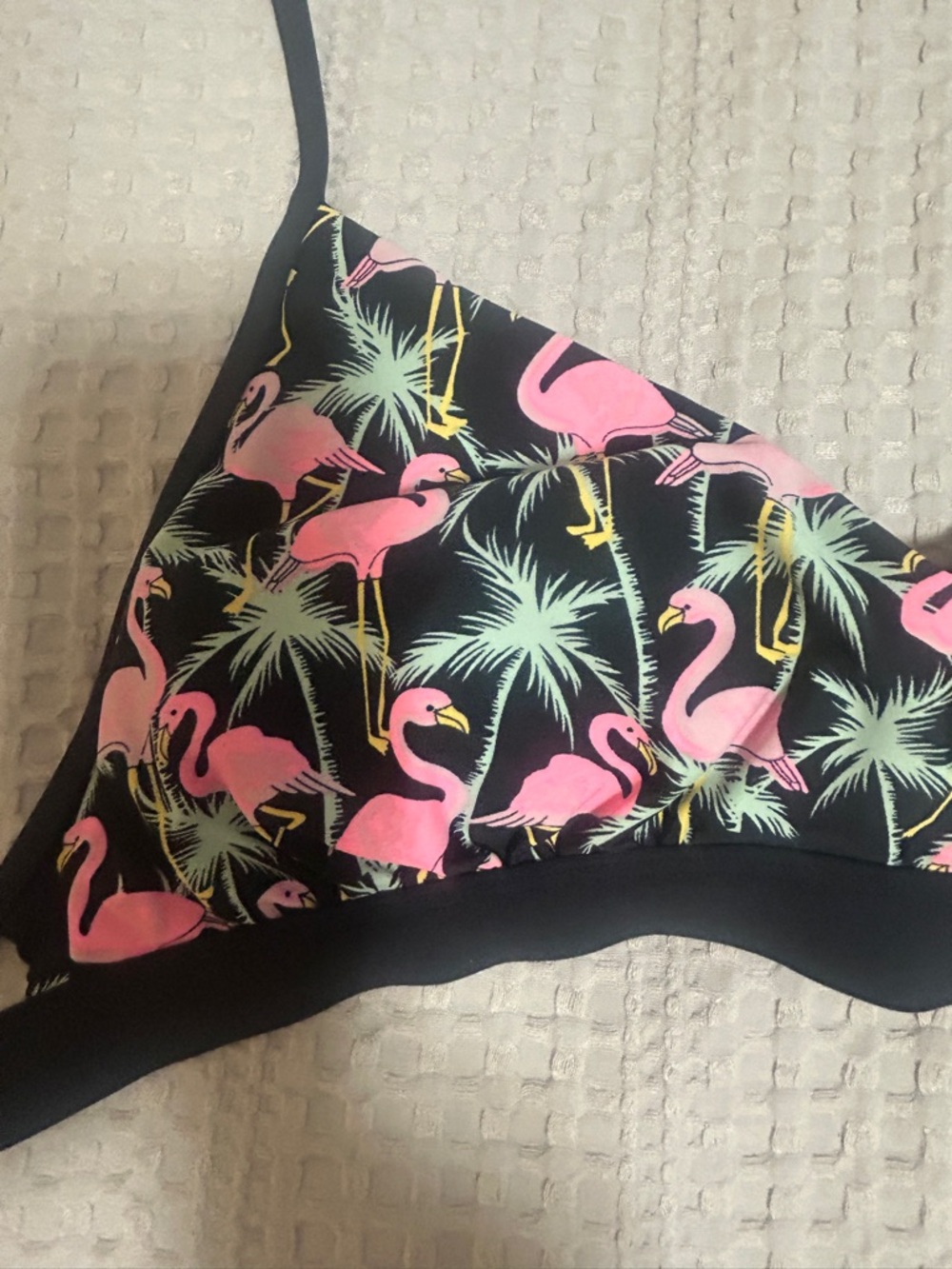 Black Bikini Top with Pink Flamingo Print and Crossback Straps